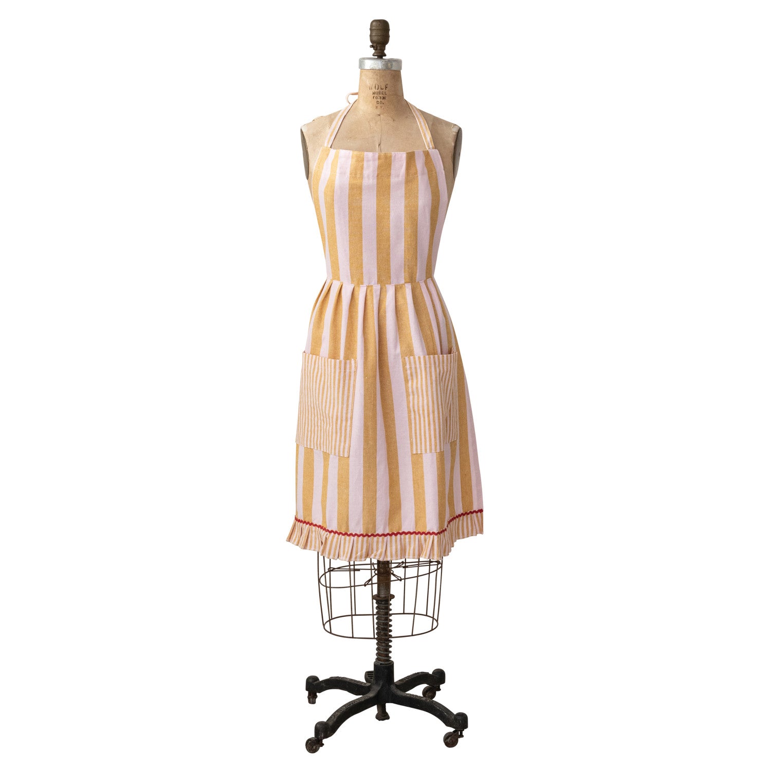 Woven Cotton Striped Apron w Striped Ruffle & Pockets